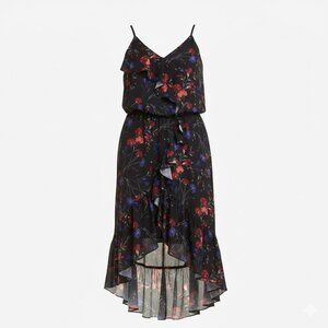 Parker Size S. Black floral high/low ruffle midi dress